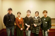 ドラマCD「三国山蚕ルート・ダイジェスト版」に参加した（左から）中田譲治、藤田茜、小林裕介、金元寿子、代永翼。