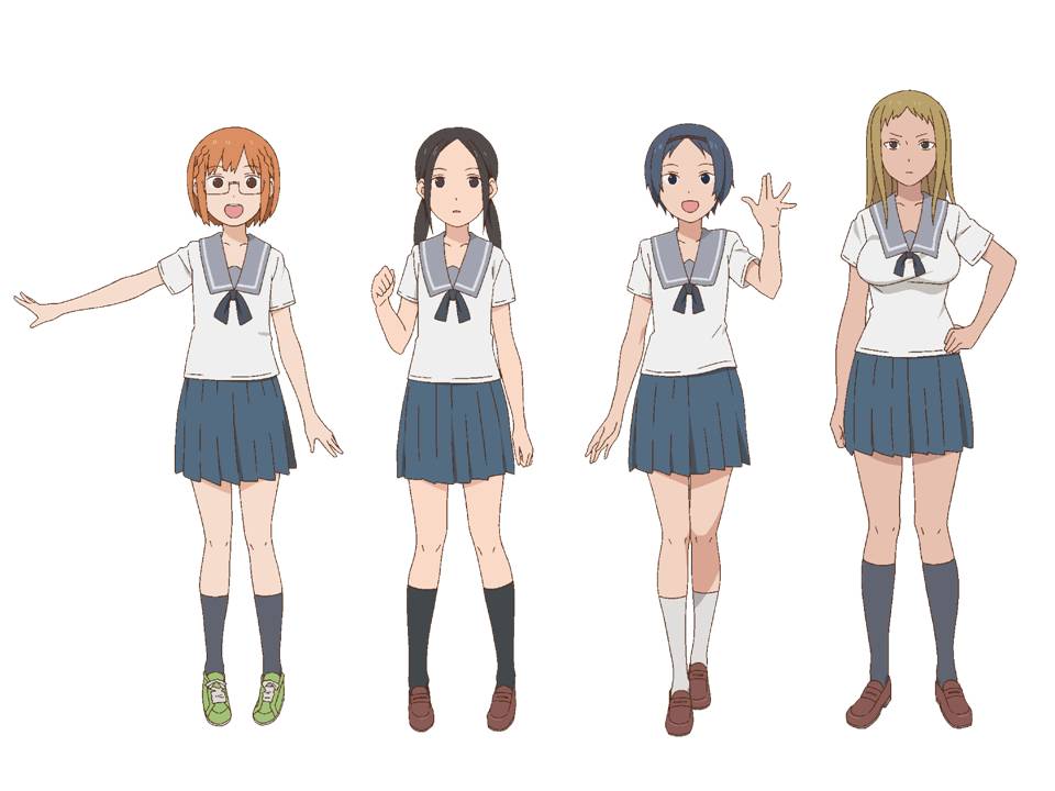 テレビアニメ「ちおちゃんの通学路」のキャラクター設定画。左から三谷裳ちお、野々村真奈菜、細川雪、久志取まどか。(c)川崎直孝／KADOKAWA／ちおちゃんの製作委員会