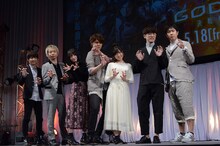 「GODZILLA 決戦機動増殖都市」トークイベントの様子。左から梶裕貴、諏訪部順一、上田麗奈、宮野真守、小澤亜李、櫻井孝宏、杉田智和。