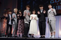 「GODZILLA 決戦機動増殖都市」トークイベントの様子。左から梶裕貴、諏訪部順一、上田麗奈、宮野真守、小澤亜李、櫻井孝宏、杉田智和。