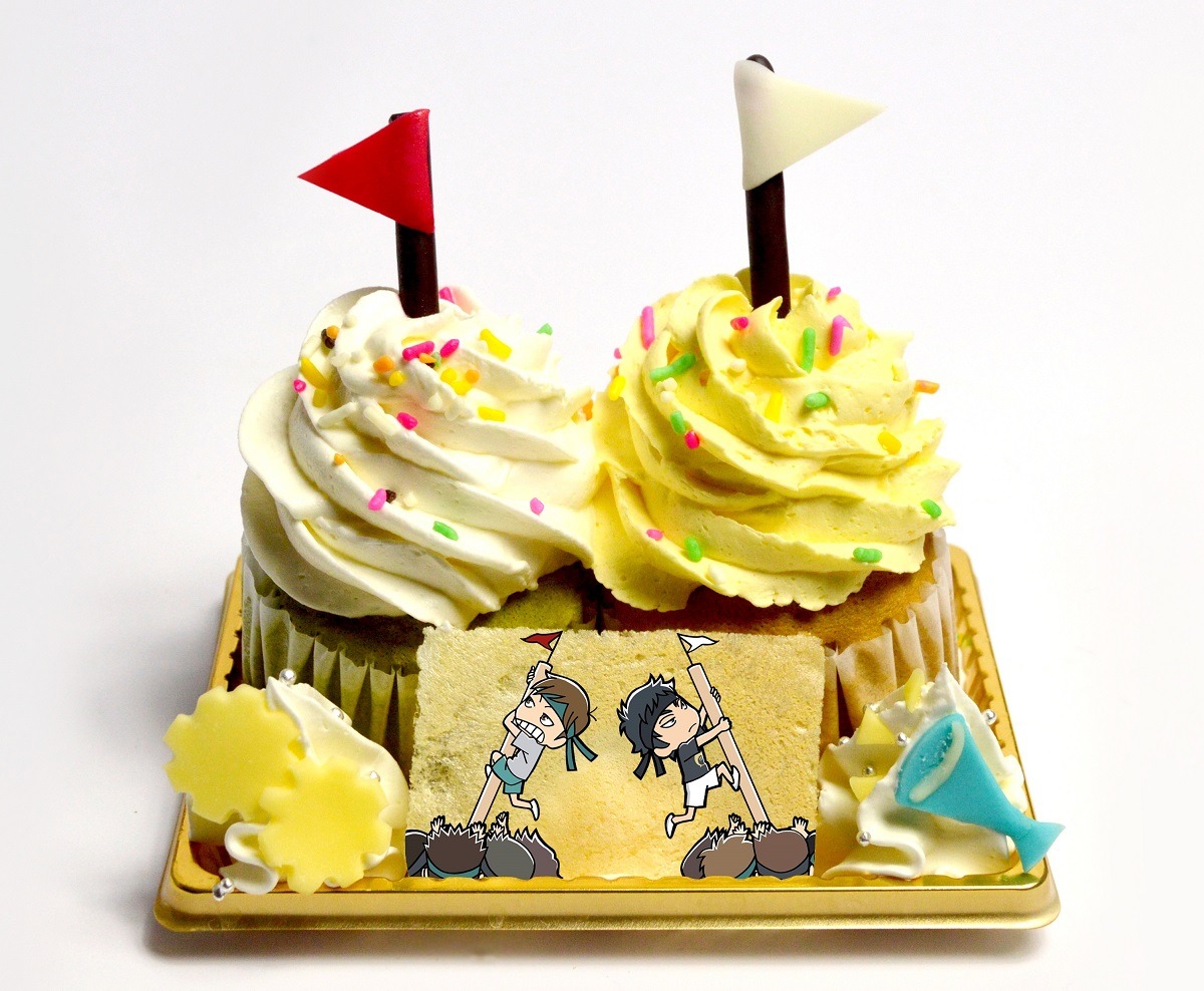 「二口と赤葦の棒倒しケーキ」（抹茶蒸しケーキ、黒糖蒸しケーキ）