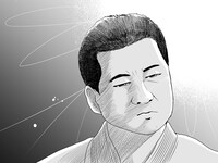 吉田貴司によるお祝いイラスト。慈愛の表情を浮かべる能島譲。(c)吉田貴司