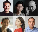 「スモーキング」の追加キャスト。上段左から毛沼将也役の高橋和也、榊原正幸役の松田龍平、砂地彰役の麿赤兒、下段左から若林役の山中崇、槙野ミナミ役の橋本マナミ、松戸役の螢雪次朗。