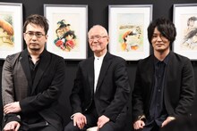 ちばてつや（中央）と、アニメ「メガロボクス」で勇利役を演じる安元洋貴（左）、ジョー／ジャンクドッグ役を演じる細谷佳正（右）。