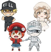 キャラクターソング「ミッション！健・康・第・イチ」を歌うキャラクター。左上から時計回りにキラーT細胞（CV：小野大輔）、マクロファージ（CV：井上喜久子）、白血球（CV：前野智昭）、赤血球（CV：花澤香菜）。