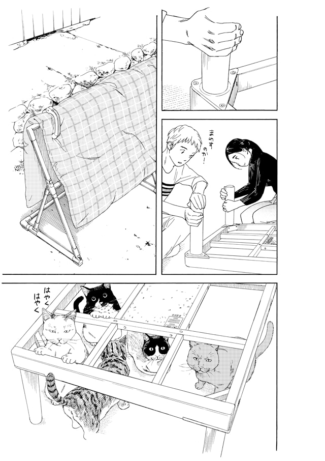 「猫のお寺の知恩さん」より、コタツに群がる猫たち。