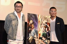 テレビアニメ「僕のヒーローアカデミア」イベントの様子。左から大塚明夫、三宅健太。