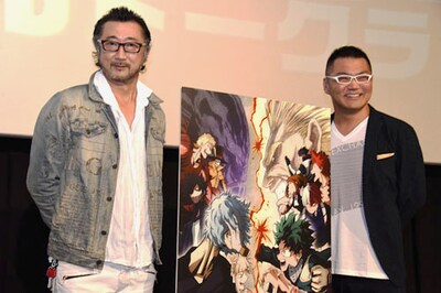 テレビアニメ「僕のヒーローアカデミア」イベントの様子。左から大塚明夫、三宅健太。