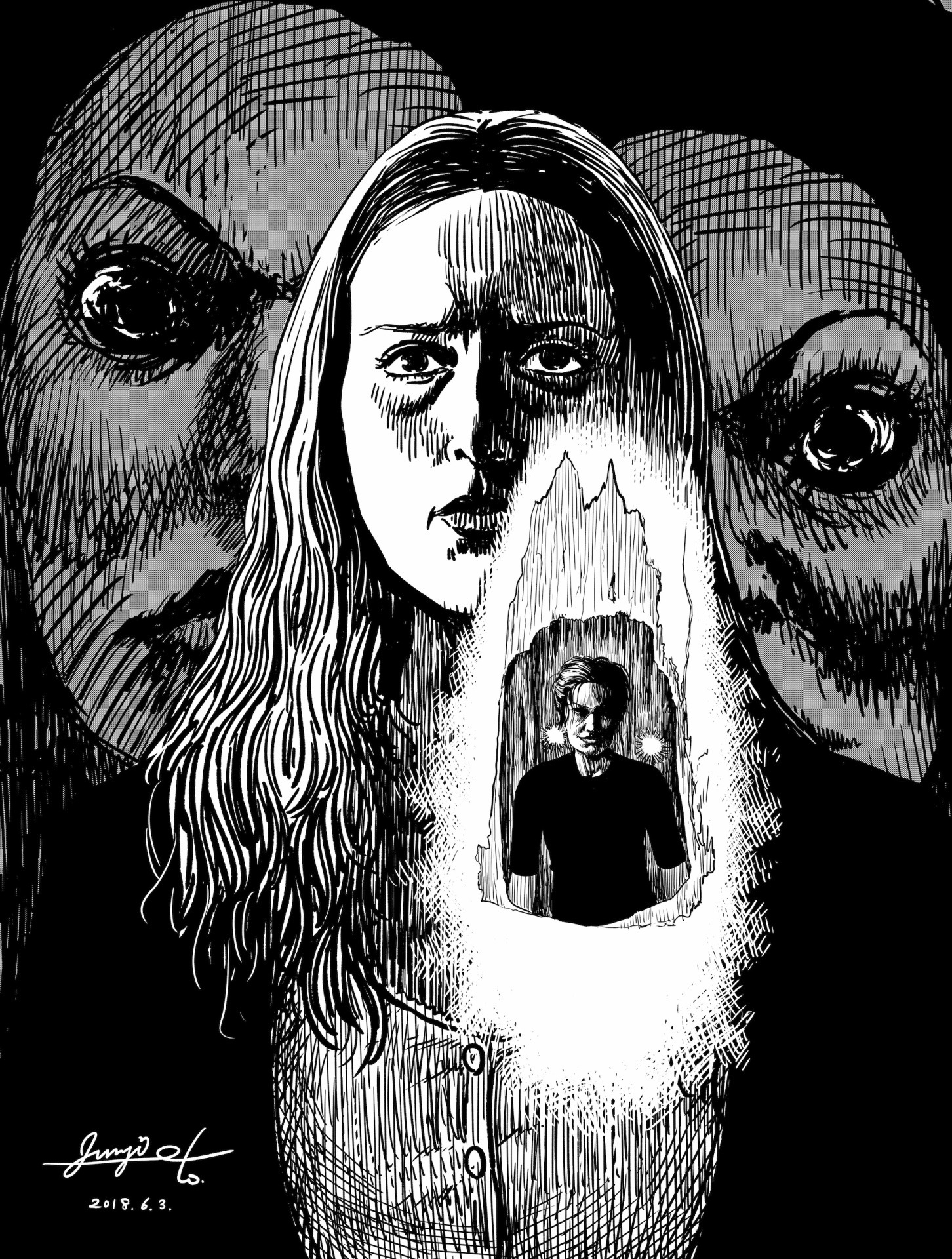 伊藤潤二が、映画「インサイド」に寄せた描き下ろしイラスト。