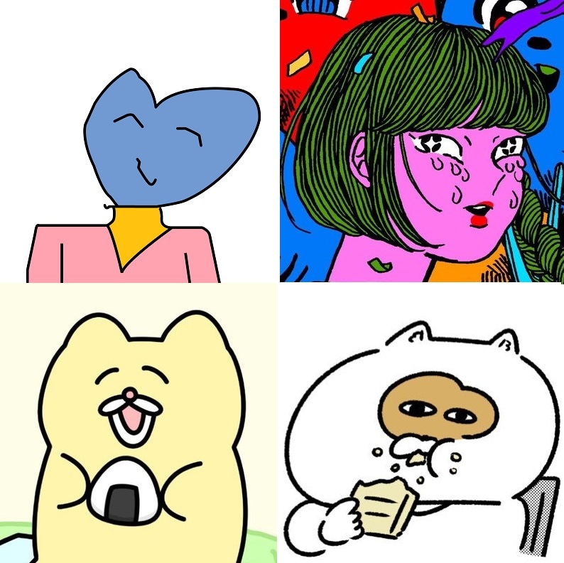 左上から時計回りにしおひがり、原田ちあき、吉本ユータヌキ、チャンミー（ふなかわ）。