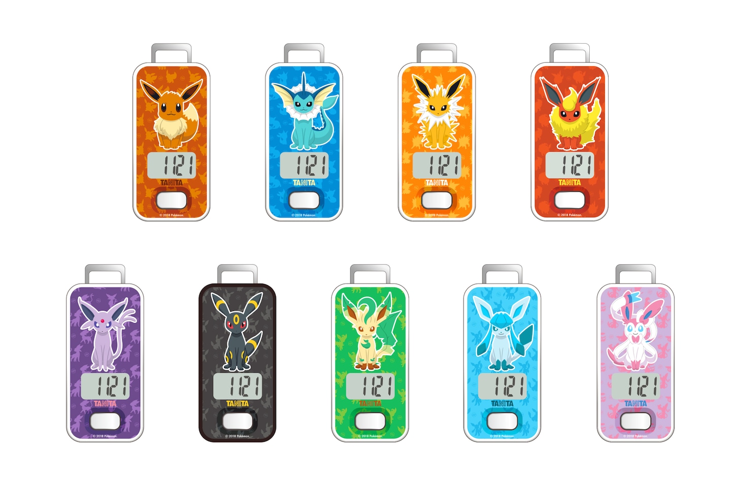 「ポケモン歩数計」上段左から「イーブイ」「シャワーズ」「サンダース」「ブースター」、下段左から「エーフィ」「ブラッキー」「リーフィア」「グレイシア」「ニンフィア」。