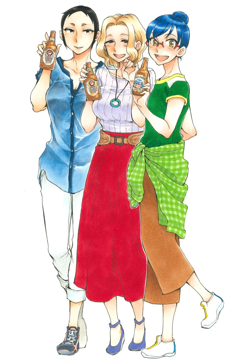 「のみじょし」イラスト。みっちゃんが持っている瓶は、プレゼントで当たる描き下ろしラベルのオリジナルビールになっている。