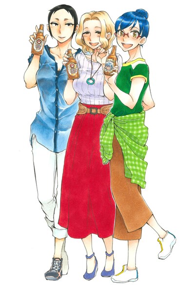 「のみじょし」イラスト。みっちゃんが持っている瓶は、プレゼントで当たる描き下ろしラベルのオリジナルビールになっている。