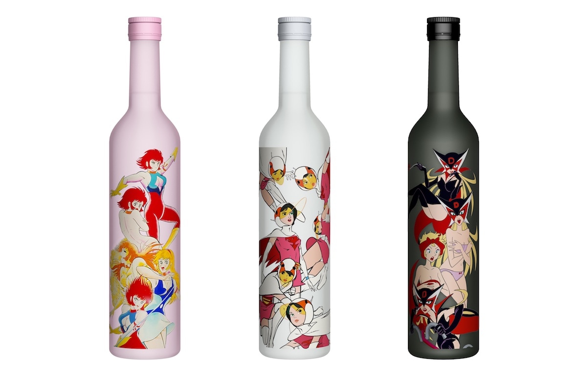 左から「『キューティーハニー』甘口純米吟醸」、「『白鳥のジュン』純米吟醸にごり」、「『ドロンジョ』ワイン酵母使用山廃仕込み」。