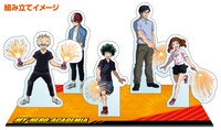 「僕のヒーローアカデミア」フレーム切手セットに付属するアクリルスタンドセットの使用イメージ。