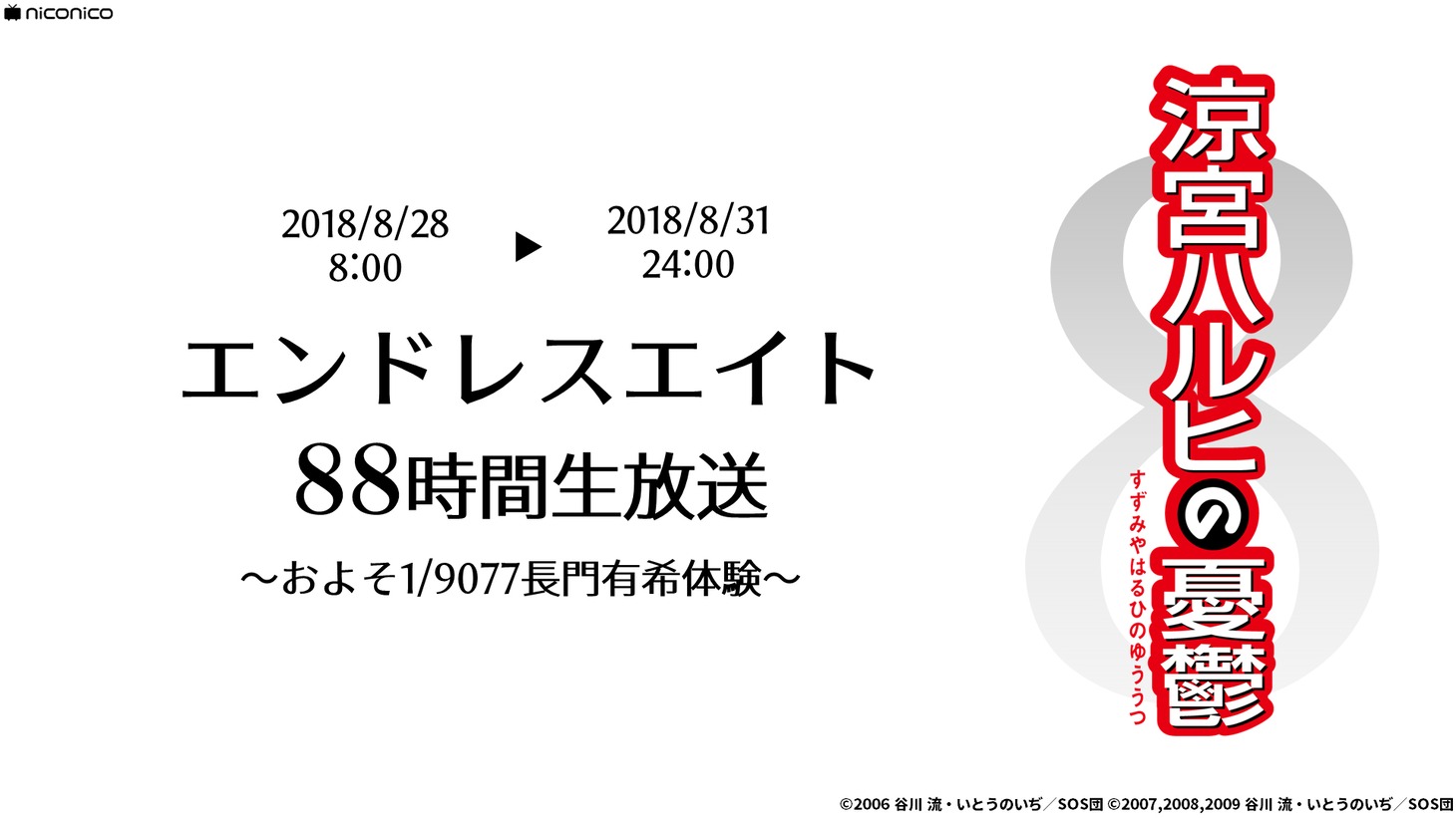 「涼宮ハルヒの憂鬱/エンドレスエイト88時間生放送～およそ1/9077長門有希体験～」