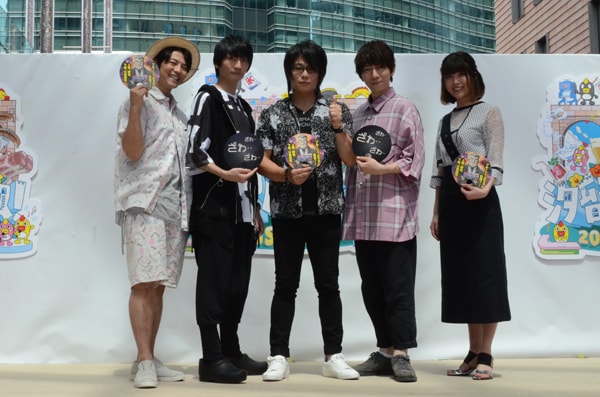 テレビアニメ「中間管理録トネガワ」のイベント「帝愛ファイナンス債務者集会 in 汐留」の様子。左から青柳尊哉、島崎信長、森川智之、羽多野渉、前田玲奈。