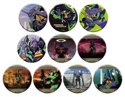 「エヴァンゲリオン、初号機リフトオフ！」フェアの対象商品の一部である「初号機缶バッジコレクション（トレーディング／全10種）」。