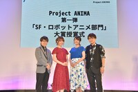 左から豊永利行、小松未可子、三上枝織、緑川光。