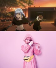 映画「モンスターストライク THE MOVIE ソラノカナタ」のビジュアル（上）と、きゃりーぱみゅぱみゅ。