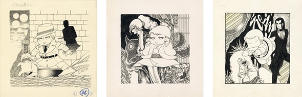 左から「パタリロ！」花とゆめコミックス1巻単行本用扉(1979年刊)、「パタリロ！」花とゆめコミックス3巻単行本用扉（1980年刊）、「パタリロ！」花とゆめコミックス11巻単行本用扉（1982年刊）。