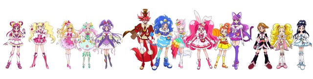左からキュアドリーム、キュアピーチ、キュアミラクル、キュアフェリーチェ、キュアマジカル、キュアショコラ、キュアジェラート、キュアパルフェ、キュアホイップ、キュアカスタード、キュアマカロン、キュアブラック、シャイニールミナス、キュアホワイト。