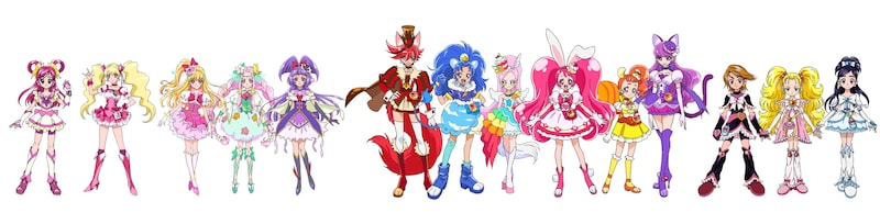 左からキュアドリーム、キュアピーチ、キュアミラクル、キュアフェリーチェ、キュアマジカル、キュアショコラ、キュアジェラート、キュアパルフェ、キュアホイップ、キュアカスタード、キュアマカロン、キュアブラック、シャイニールミナス、キュアホワイト。