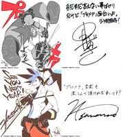 「プロメア」スタッフ陣からのコメント色紙。左上から時計回りに今石洋之、中島かずき、澤野弘之、コヤマシゲト。