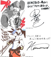 「プロメア」スタッフ陣からのコメント色紙。左上から時計回りに今石洋之、中島かずき、澤野弘之、コヤマシゲト。