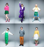 上段左から出口亜梨沙扮するトト子、窪寺昭扮するイヤミ、KIMERU扮するチビ太、下段左から原勇弥扮するハタ坊、佐久間祐人扮する松造、ザンヨウコ扮する松代。