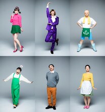 上段左から出口亜梨沙扮するトト子、窪寺昭扮するイヤミ、KIMERU扮するチビ太、下段左から原勇弥扮するハタ坊、佐久間祐人扮する松造、ザンヨウコ扮する松代。