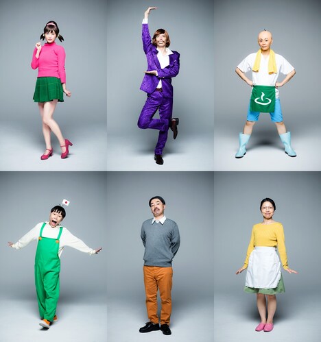 上段左から出口亜梨沙扮するトト子、窪寺昭扮するイヤミ、KIMERU扮するチビ太、下段左から原勇弥扮するハタ坊、佐久間祐人扮する松造、ザンヨウコ扮する松代。