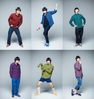 上段左から 高崎翔太扮するおそ松、柏木佑介扮するカラ松、植田圭輔扮するチョロ松、下段左から北村諒扮する一松、小澤廉扮する十四松、赤澤遼太郎扮するトド松。