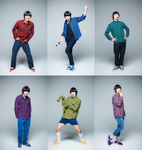 上段左から 高崎翔太扮するおそ松、柏木佑介扮するカラ松、植田圭輔扮するチョロ松、下段左から北村諒扮する一松、小澤廉扮する十四松、赤澤遼太郎扮するトド松。