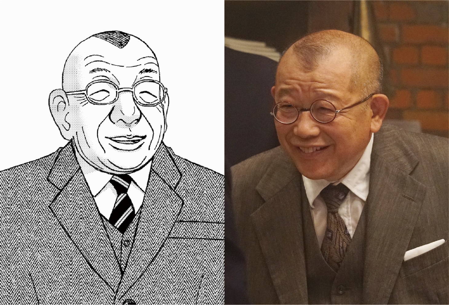 左から笑福亭鶴瓶をモデルとした原作キャラクター、笑福亭鶴瓶扮する大里清。