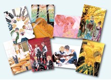全8種のポストカード。上段左から「原画展限定ビジュアル」「僕は妹に恋をするA」「僕は妹に恋をするB」「僕の初恋をキミに捧ぐA」。下段左から「僕の初恋をキミに捧ぐB」「カノジョは嘘を愛しすぎてるA」「カノジョは嘘を愛しすぎてるB」「虹、甘えてよ。」。