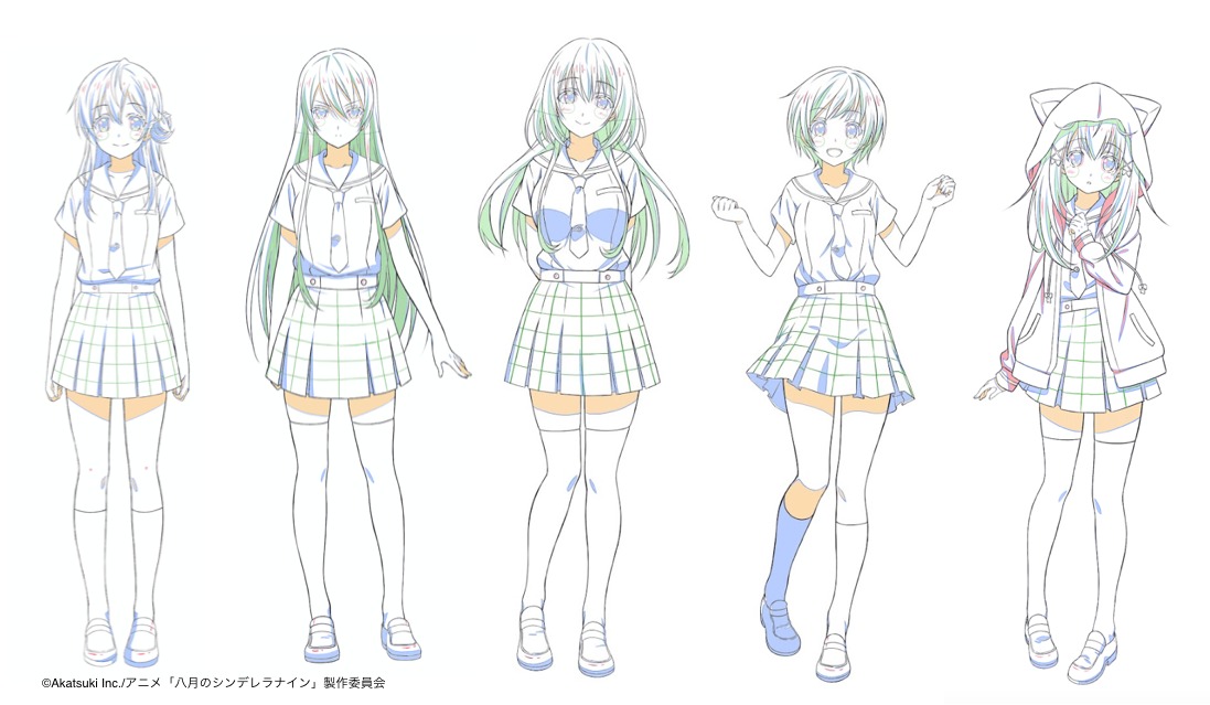 TVアニメ「八月のシンデレラナイン」のキャラクターデザイン画。左から有原翼、東雲龍、野崎夕姫、河北智恵、宇喜多茜。