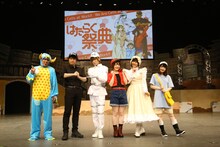 左から福島潤扮する細菌、小野大輔扮するキラーT細胞、前野智昭扮する白血球、花澤香菜扮する赤血球、井上喜久子扮するマクロファージ、長縄まりあ扮する血小板。