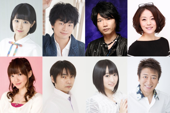 上段左から岩清水ナツ役の東山奈央、青田嵐役の福山潤、麻井蝉丸役の小西克幸、早乙女牡丹役の沢海陽子。下段左から天道まつり役の阿澄佳奈、守宮ちまき役の石田彰、草刈螢役の悠木碧、百舌役の井上和彦。