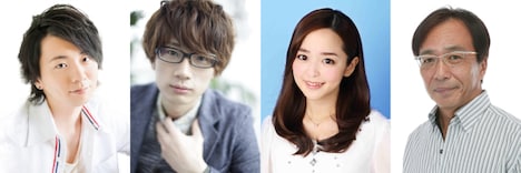 左から早田進次郎役の木村良平、諸星弾役の江口拓也、北斗星司役の潘めぐみ、早田進役の田中秀幸。