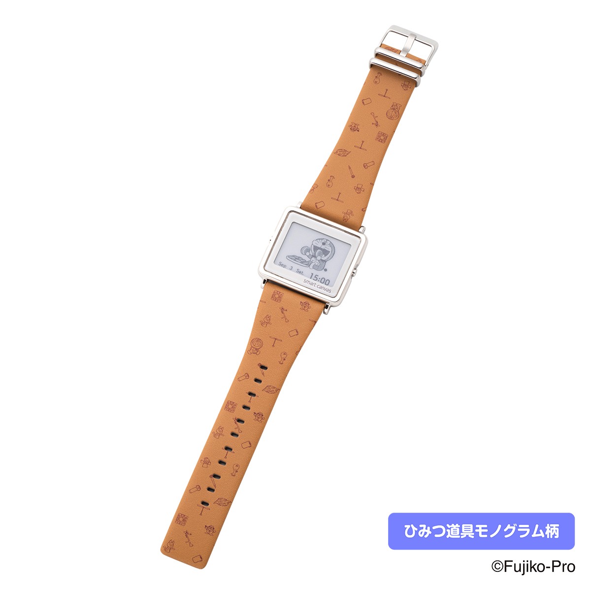 「ドラえもん Smart Canvas デジタル腕時計」の「ひみつ道具モノグラム柄」。