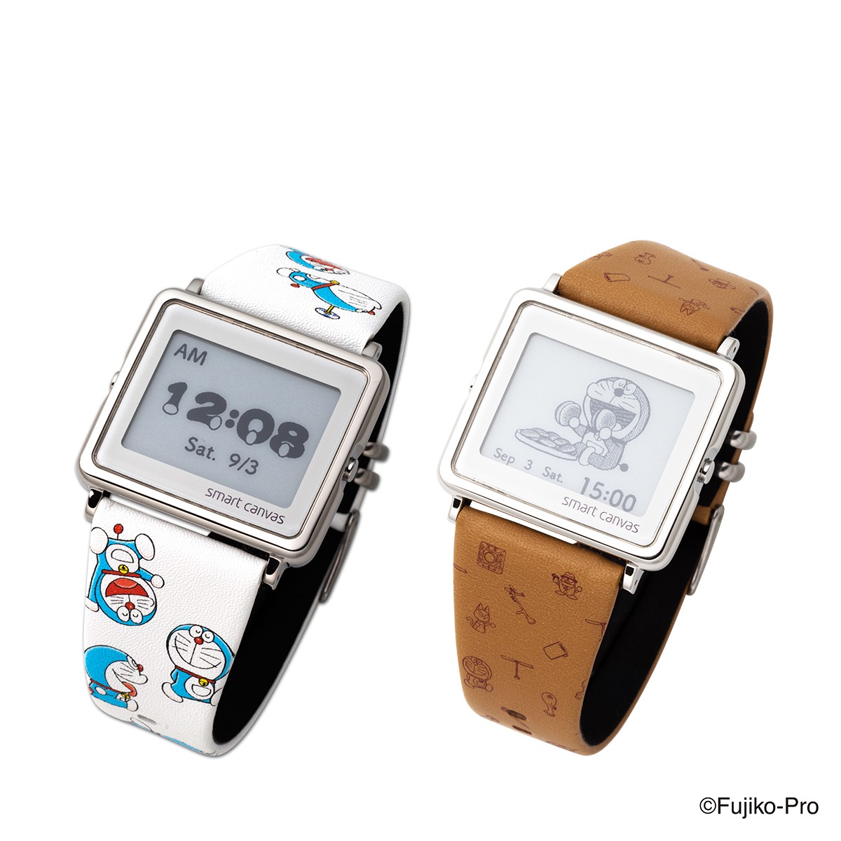 「ドラえもん Smart Canvas デジタル腕時計」。左から「ドラえもんがいっぱい柄」、「ひみつ道具モノグラム柄」。