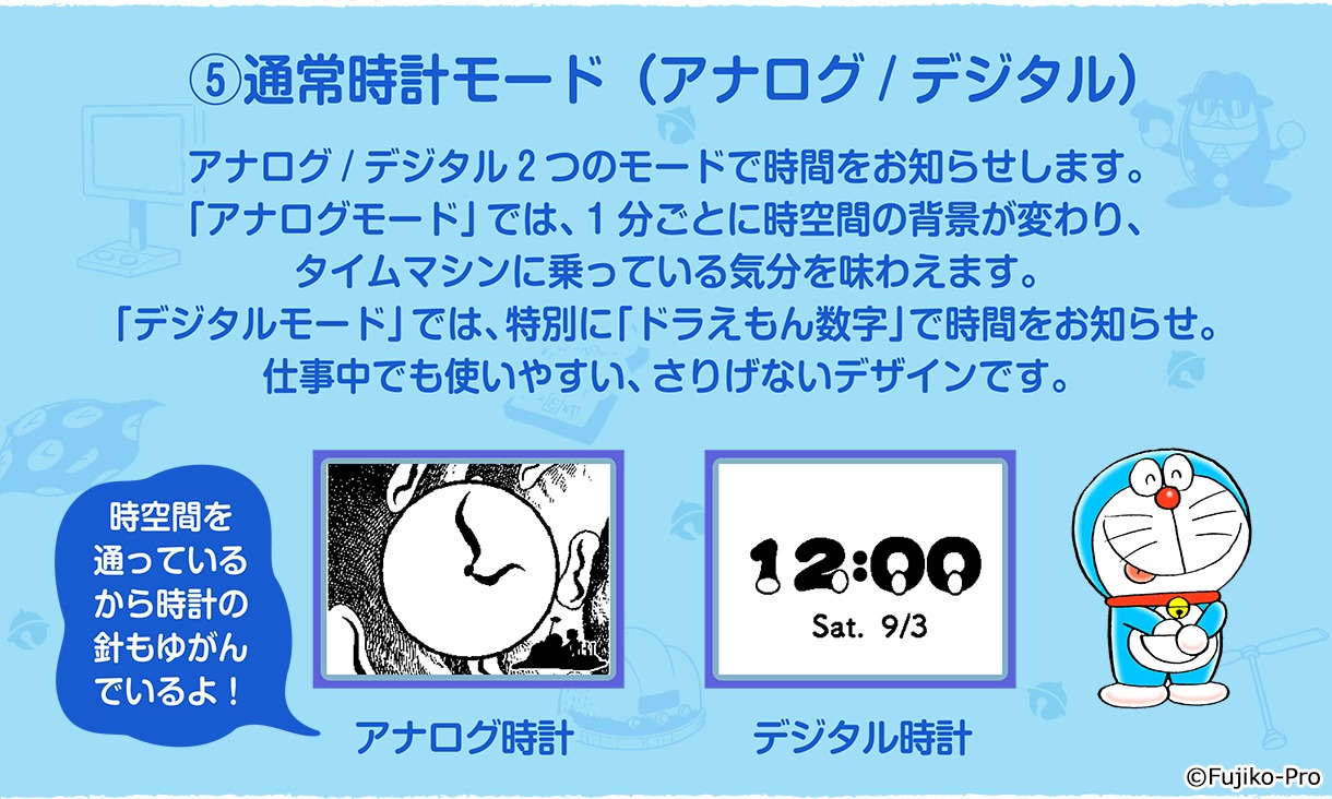 「ドラえもん Smart Canvas デジタル腕時計」の「通常時計モード」。