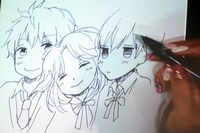 来場者プレゼント用に即興で描いたイラスト。中央は若い頃の河合住子。