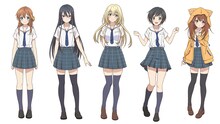 TVアニメ「八月のシンデレラナイン」のキャラクターデザイン画。左から有原翼、東雲龍、野崎夕姫、河北智恵、宇喜多茜。