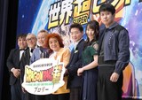 左から長峯達也監督、中尾隆聖、堀川りょう、野沢雅子、島田敏、水樹奈々、杉田智和。