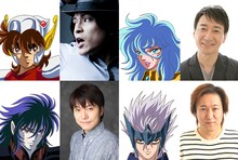 上段左から天馬星座（ペガサス）の星矢、森田成一、黄金聖闘士・魚座（ピスケス）のアフロディーテ、難波圭一。下段左から殺戮（マーダー）のフォノス、野島健児、オリオン座のリゲル、加瀬康之。