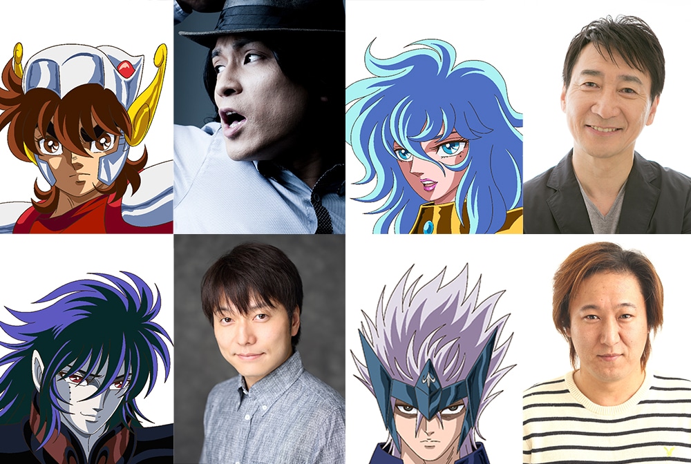 上段左から天馬星座（ペガサス）の星矢、森田成一、黄金聖闘士・魚座（ピスケス）のアフロディーテ、難波圭一。下段左から殺戮（マーダー）のフォノス、野島健児、オリオン座のリゲル、加瀬康之。