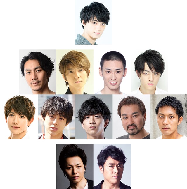 「舞台『銀牙 -流れ星 銀-」～絆編～」のキャスト。1段目は佐奈宏紀。2段目左から郷本直也、安里勇哉、塩田康平、尾関陸。3段目左から赤澤遼太郎、岩城直弥、松井遥己、千代田信一、北代高士。4段目左から荒木宏文、坂元健児。(c)高橋よしひろ/集英社・舞台「銀牙 -流れ星 銀-」