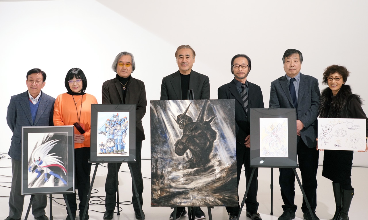 左から笹川ひろし氏、高田明美、大河原邦男、天野喜孝、秋本治、布川ゆうじ、平野文。
